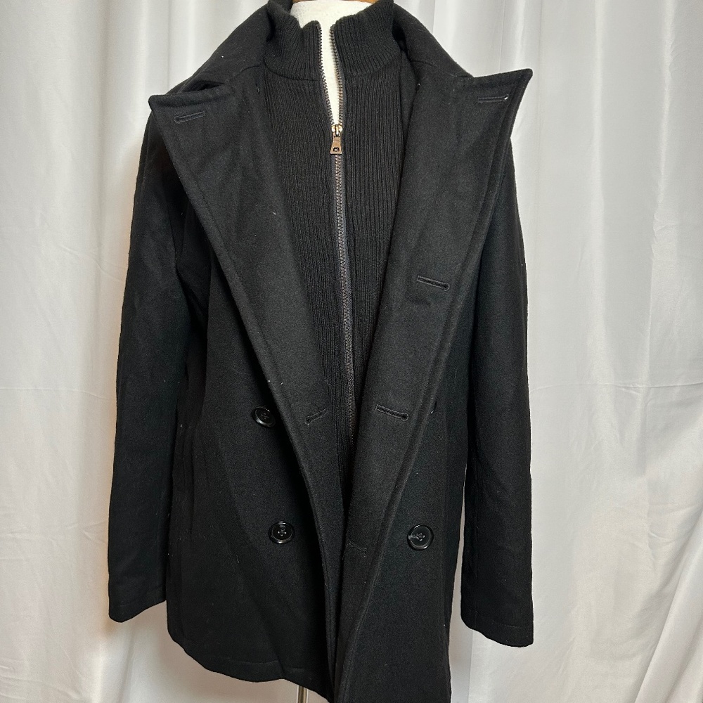MEN'S INC WOOL BLEND BLACK DOUBLE BREASTED PEACOAT W/INNER ZIP-UP BIB - SIZE MED